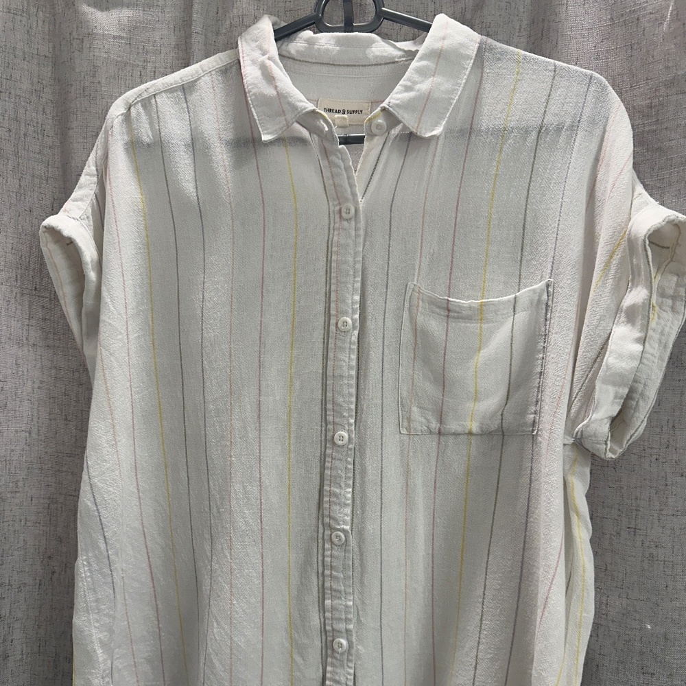 Thread & Supply Benji shirt - muted rainbow linen - size medium